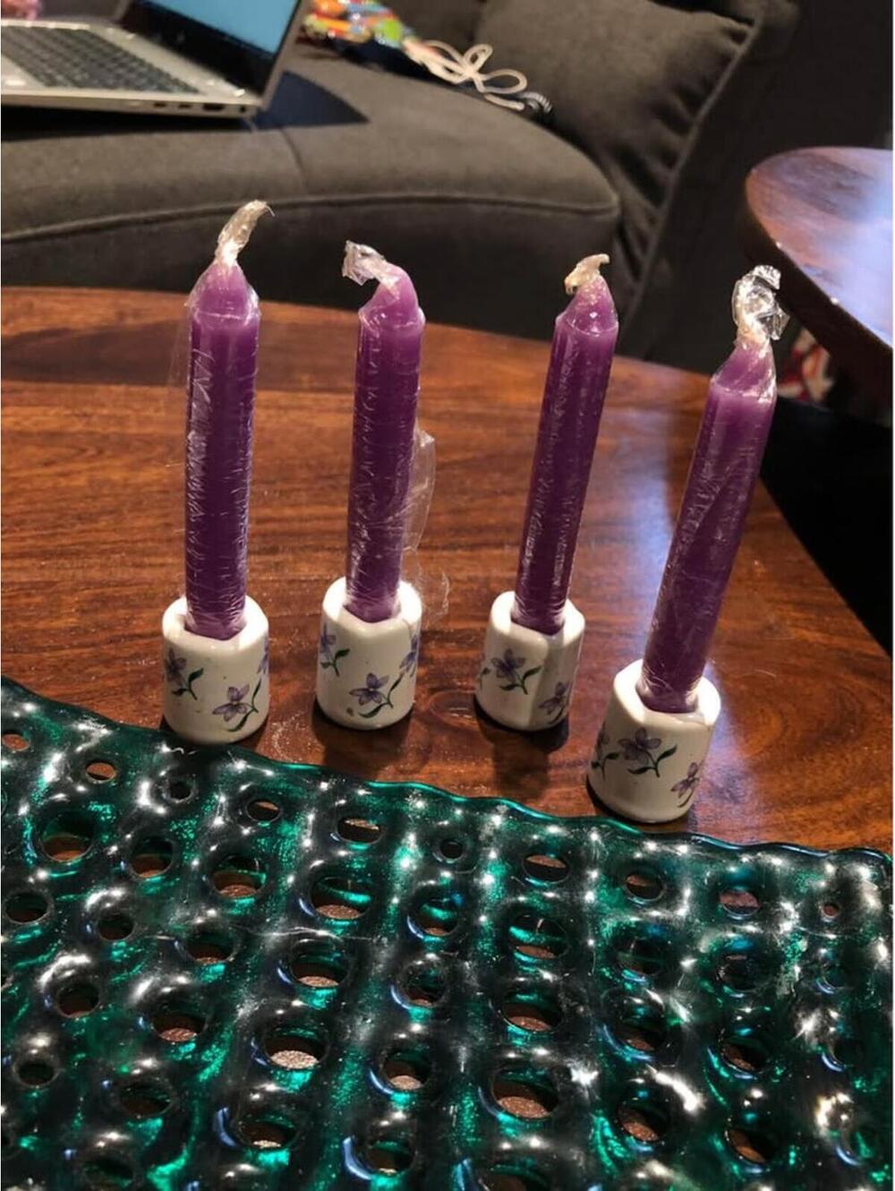 Vintage Floral Ceramic Chime Candle Holders with 4 Purple Candles Set of 4